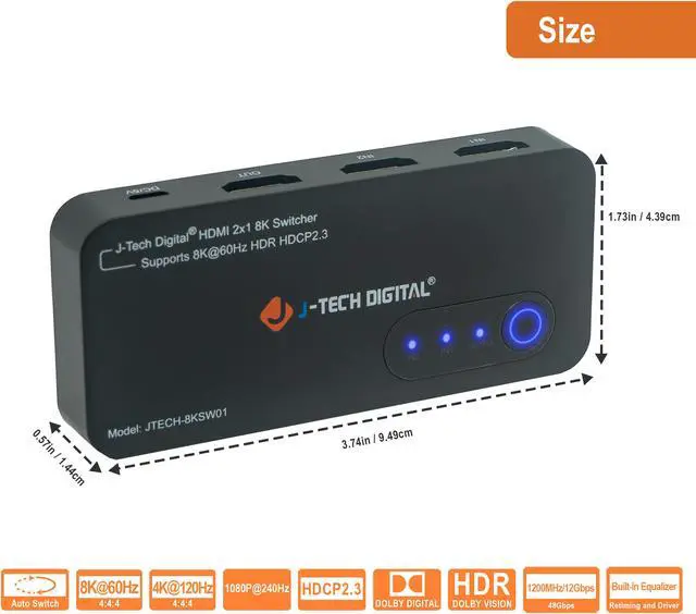 Alt view image 2 of 7 - J-Tech Digital JTECH-8KSW01 2x1 HDMI 2.1 Switch