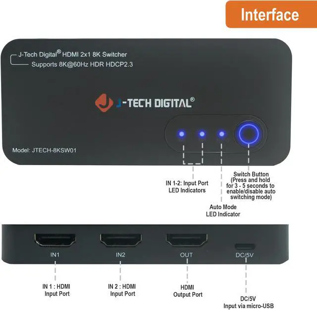 Alt view image 5 of 7 - J-Tech Digital JTECH-8KSW01 2x1 HDMI 2.1 Switch