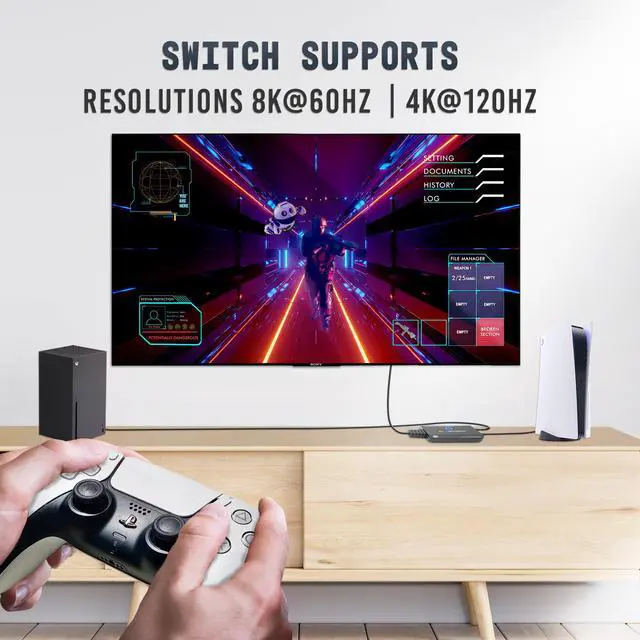 Alt view image 4 of 6 - 2 Input  1 Output 8K HDMI Switch w/ Pigtail Plug & Auto Switch  8K@60Hz 4K@120Hz 48Gbps (JTECH-8KSW21P)
