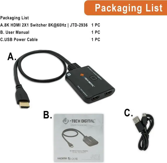 Alt view image 6 of 6 - 2 Input  1 Output 8K HDMI Switch w/ Pigtail Plug & Auto Switch  8K@60Hz 4K@120Hz 48Gbps (JTECH-8KSW21P)