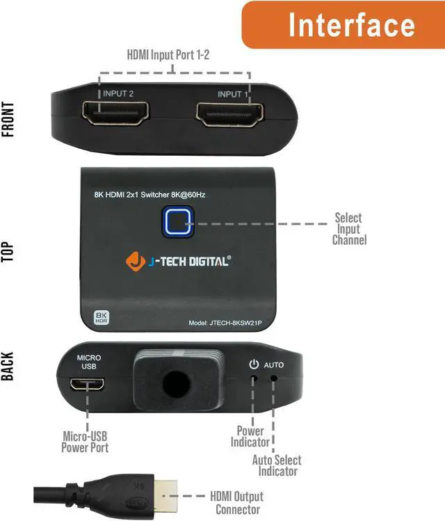 Alt view image 2 of 6 - 2 Input  1 Output 8K HDMI Switch w/ Pigtail Plug & Auto Switch  8K@60Hz 4K@120Hz 48Gbps (JTECH-8KSW21P)
