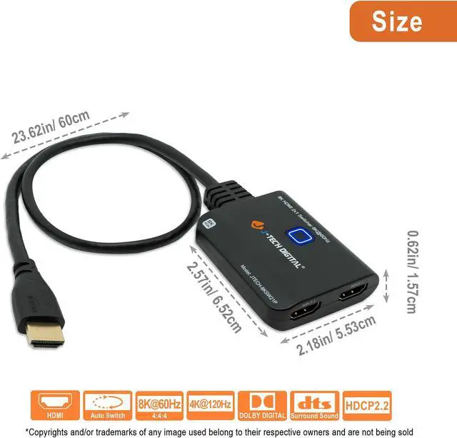 Alt view image 5 of 6 - 2 Input  1 Output 8K HDMI Switch w/ Pigtail Plug & Auto Switch  8K@60Hz 4K@120Hz 48Gbps (JTECH-8KSW21P)