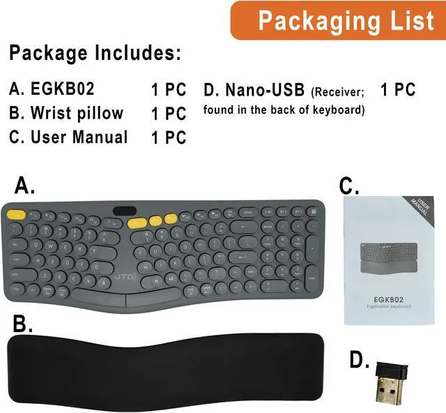 Alt view image 6 of 6 - Wireless Ergonomic Split Keyboard w/ Display Screen, Rechargeable Battery, Removable Wrist Rest | Supports Multi-Device, 12 Multimedia Keys Compatible with Windows/Mac/iPad by J-Tech Digital