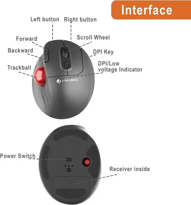 Alt view image 6 of 8 - Wireless Trackball Ergonomic Mouse w/ Free & Easy Thumb Control | DPI Adjustment, Precision Tracking, Multi-System Compatibility with PC, Laptop, Windows, Mac by J-Tech Digital
