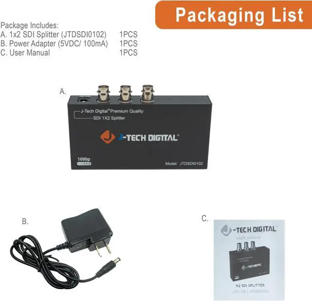 Alt view image 5 of 5 - J-Tech Digital Premium Quality SDI Splitter 1x2 Supports SD-SDI, HD-SDI, 3G-SDI up to 1320 Ft (1 Input and 2 outputs)