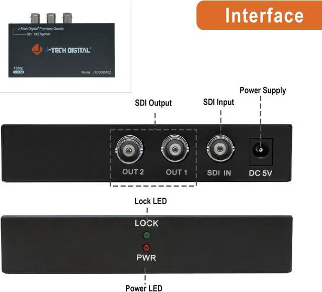 Alt view image 3 of 5 - J-Tech Digital Premium Quality SDI Splitter 1x2 Supports SD-SDI, HD-SDI, 3G-SDI up to 1320 Ft (1 Input and 2 outputs)
