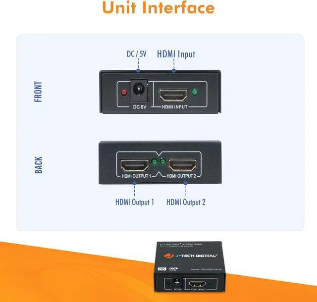 Alt view image 5 of 7 - J-Tech Digital JTD-MINI-1x2SP 2 Port 1X2 Powered Hdmi Super Mini Splitter for Full Hd 1080P with 3D Capability