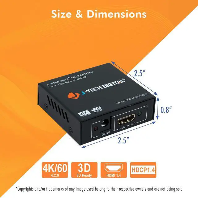 Alt view image 6 of 7 - J-Tech Digital JTD-MINI-1x2SP 2 Port 1X2 Powered Hdmi Super Mini Splitter for Full Hd 1080P with 3D Capability