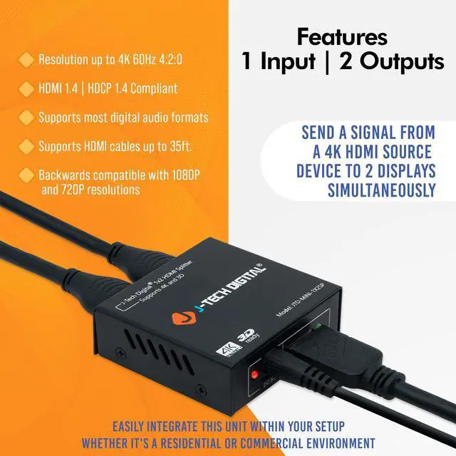 Alt view image 3 of 7 - J-Tech Digital JTD-MINI-1x2SP 2 Port 1X2 Powered Hdmi Super Mini Splitter for Full Hd 1080P with 3D Capability