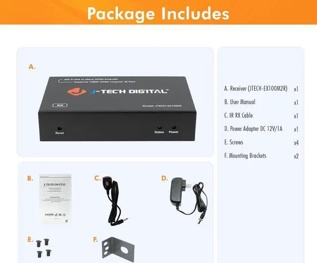 Alt view image 7 of 7 - HDMI Extender 1080P 60Hz over Single Cat5e/6 up to 328ft (100m) | One to Many Setup Over LAN, H.265 Encoding, Low Bandwidth by J-Tech Digital [JTECH-EX100M2R] (RX Only]