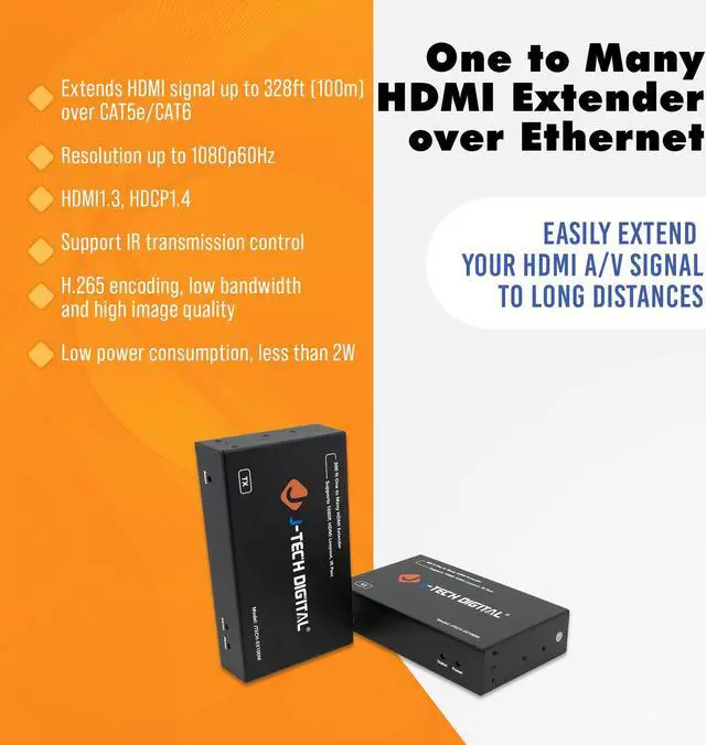 Alt view image 6 of 7 - HDMI Extender 1080P 60Hz over Single Cat5e/6 up to 328ft (100m) | One to Many Setup Over LAN, H.265 Encoding, Low Bandwidth by J-Tech Digital [JTECH-EX100M2R] (RX Only]