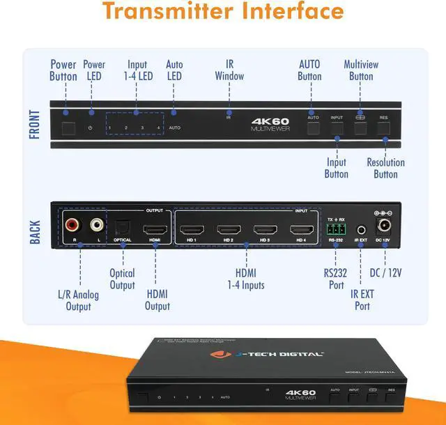 Alt view image 2 of 8 - 4x1 HDMI Multi-viewer & Seamless Switcher 4K 60Hz | 4 In 1 Out w/ 8 Display Modes, Audio Extract, Aspect Ratio Change, OSD, PiP, PBP, Quad Viewing by J-Tech Digital [JTECH-MV41A]