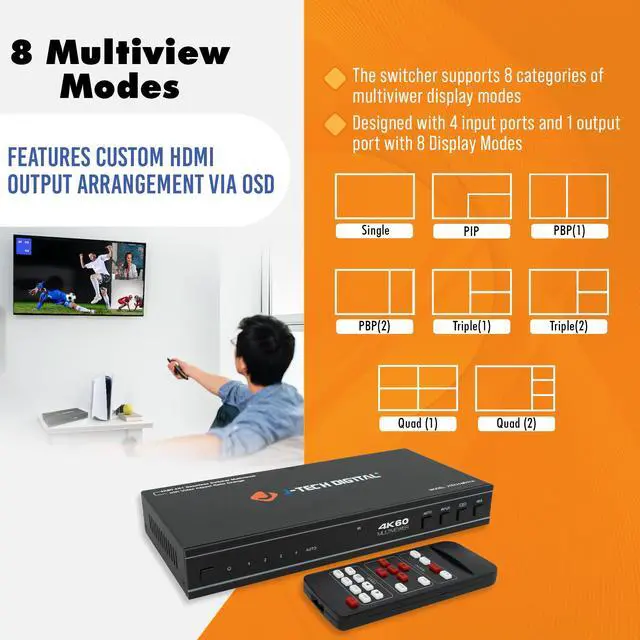 Alt view image 5 of 8 - 4x1 HDMI Multi-viewer & Seamless Switcher 4K 60Hz | 4 In 1 Out w/ 8 Display Modes, Audio Extract, Aspect Ratio Change, OSD, PiP, PBP, Quad Viewing by J-Tech Digital [JTECH-MV41A]