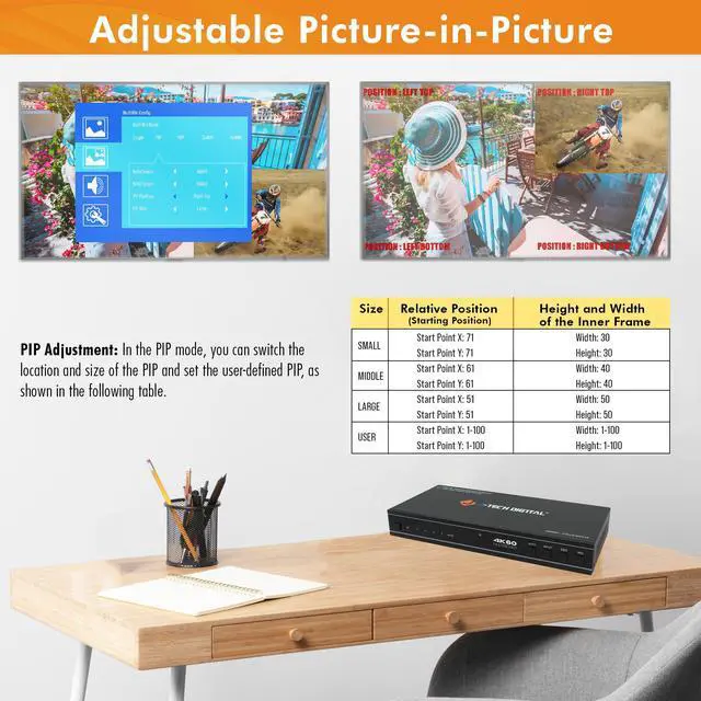 Alt view image 6 of 8 - 4x1 HDMI Multi-viewer & Seamless Switcher 4K 60Hz | 4 In 1 Out w/ 8 Display Modes, Audio Extract, Aspect Ratio Change, OSD, PiP, PBP, Quad Viewing by J-Tech Digital [JTECH-MV41A]