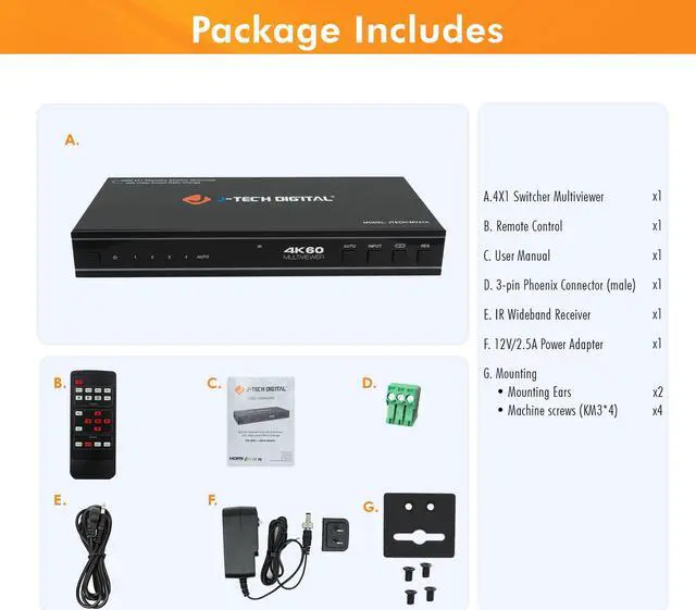 Alt view image 7 of 8 - 4x1 HDMI Multi-viewer & Seamless Switcher 4K 60Hz | 4 In 1 Out w/ 8 Display Modes, Audio Extract, Aspect Ratio Change, OSD, PiP, PBP, Quad Viewing by J-Tech Digital [JTECH-MV41A]