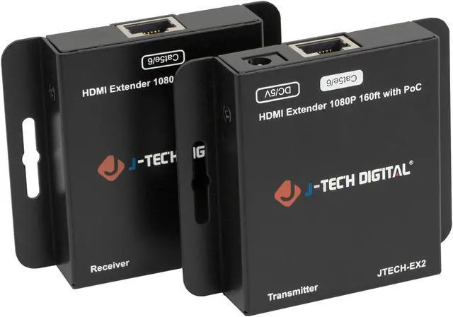 Main image of HDMI Extender 1080P 60Hz Over Single CAT5E/6 Up To 160ft. | Supports PoC (Power Over Cable), 3D, Deep Color, Digital Audio, Zero Signal Loss by J-Tech Digital [JTECH-EX2]