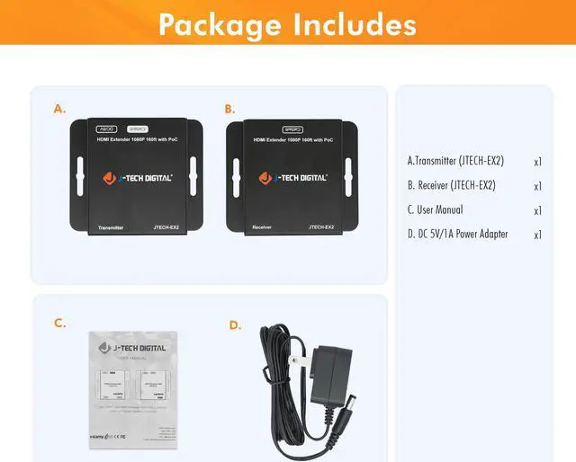 Alt view image 7 of 8 - HDMI Extender 1080P 60Hz Over Single CAT5E/6 Up To 160ft. | Supports PoC (Power Over Cable), 3D, Deep Color, Digital Audio, Zero Signal Loss by J-Tech Digital [JTECH-EX2]