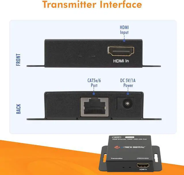 Alt view image 4 of 8 - HDMI Extender 1080P 60Hz Over Single CAT5E/6 Up To 160ft. | Supports PoC (Power Over Cable), 3D, Deep Color, Digital Audio, Zero Signal Loss by J-Tech Digital [JTECH-EX2]