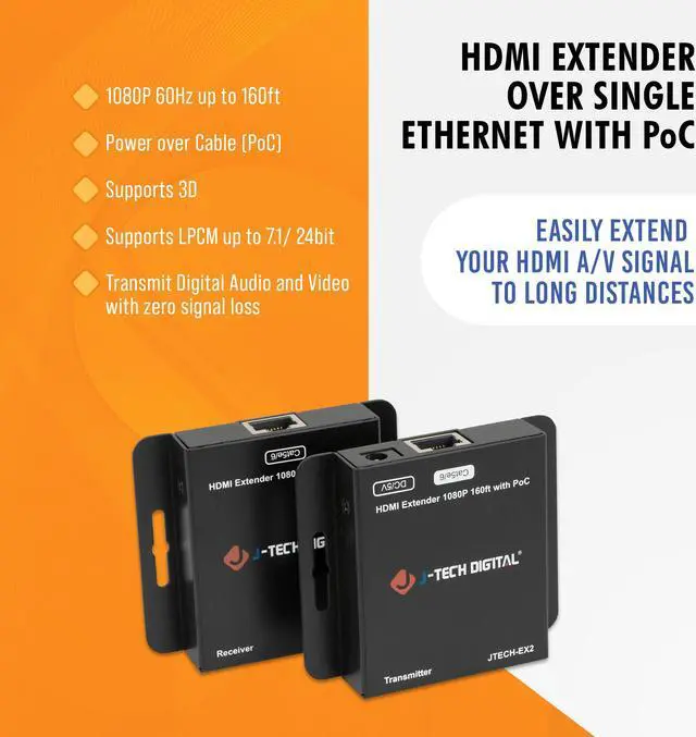 Alt view image 3 of 8 - HDMI Extender 1080P 60Hz Over Single CAT5E/6 Up To 160ft. | Supports PoC (Power Over Cable), 3D, Deep Color, Digital Audio, Zero Signal Loss by J-Tech Digital [JTECH-EX2]