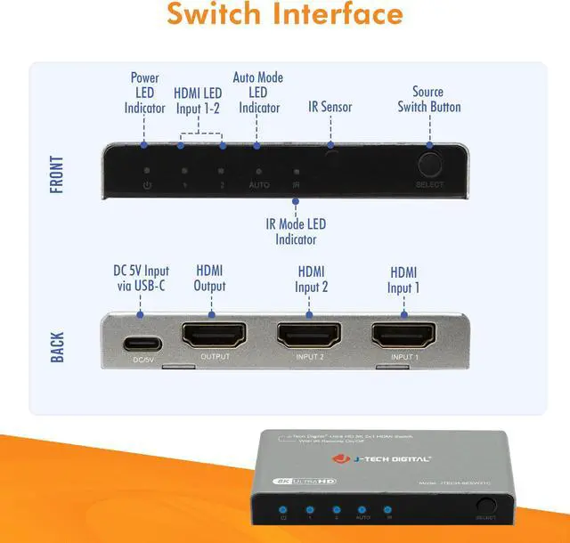 Alt view image 6 of 7 - 8K 2x1 HDMI Switch 2 Inputs 1 Output | 8K 60Hz, 4K 120Hz, 1080P 240Hz | Compatible w/ HDR & Dolby Vision | Supports IR Remote, Auto Switch, ALLM, VRR, QFT by J-Tech Digital [JTECH-8KSW21C]