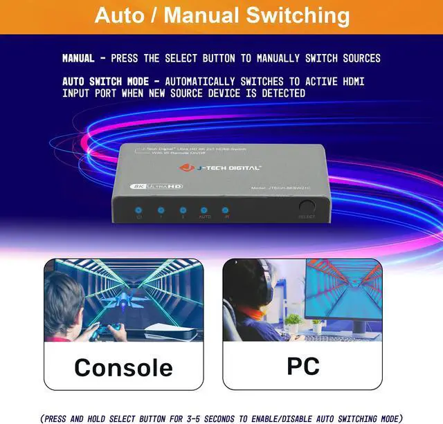 Alt view image 4 of 7 - 8K 2x1 HDMI Switch 2 Inputs 1 Output | 8K 60Hz, 4K 120Hz, 1080P 240Hz | Compatible w/ HDR & Dolby Vision | Supports IR Remote, Auto Switch, ALLM, VRR, QFT by J-Tech Digital [JTECH-8KSW21C]