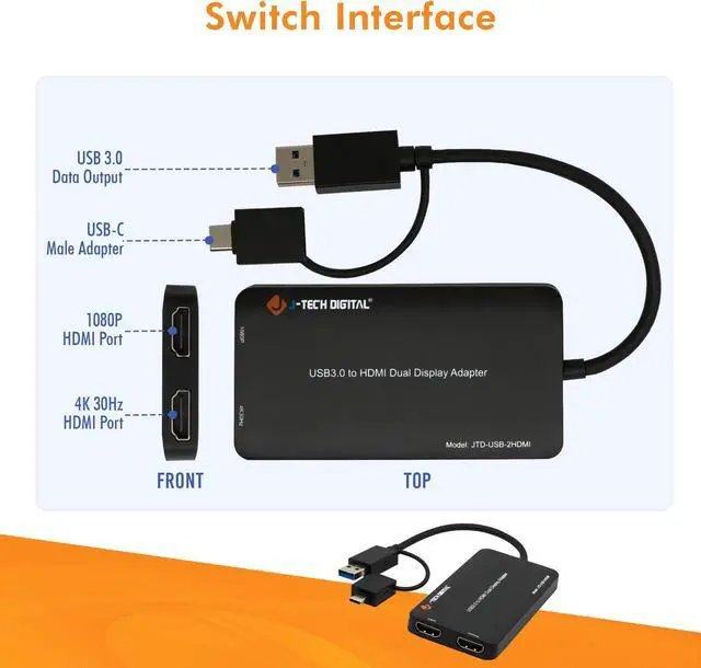 Alt view image 4 of 8 - USB 3.0 (Type A/C) to Dual HDMI 4K 30Hz & 108P 60Hz Display Adapter | Features USB-A or USB-C Inputs, USB Powered, Mirror, Extend, Rotation, Clamshell Modes by J-Tech Digital [JTD-USB-2HDMI]