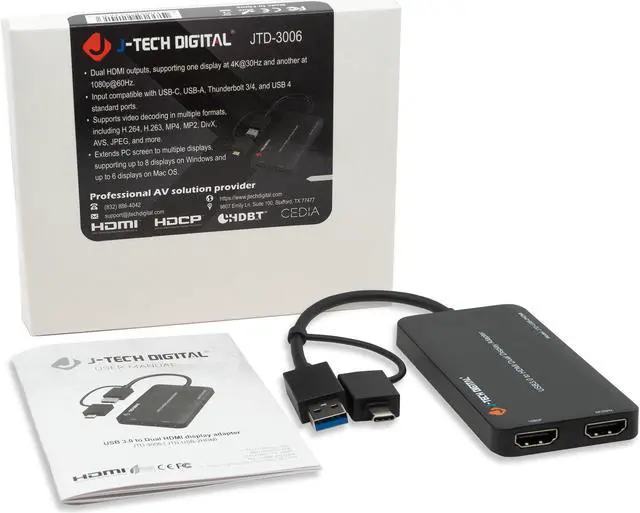 Alt view image 7 of 8 - USB 3.0 (Type A/C) to Dual HDMI 4K 30Hz & 108P 60Hz Display Adapter | Features USB-A or USB-C Inputs, USB Powered, Mirror, Extend, Rotation, Clamshell Modes by J-Tech Digital [JTD-USB-2HDMI]
