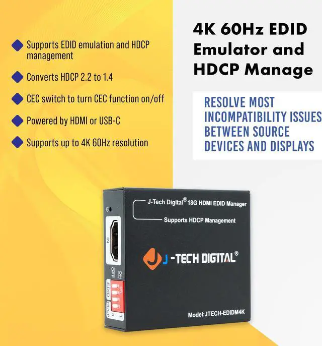Alt view image 6 of 8 - HDMI EDID Emulator Manager 4K60Hz HDMI 2.0, HDCP & EDID Management, 8 EDID Modes Power by USB C or HDMI, Supports CEC by J-Tech Digital [JTECH-EDIDM4K]