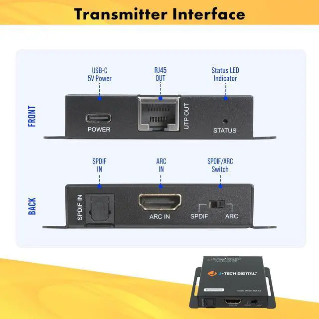 Alt view image 2 of 8 - HDMI ARC & SPDIF Optical Digital Audio Extender Over Single CAT5e/ CAT6 Ethernet Cable Up To 492ft. w/ CEC, Dolby Digital, DTS, PCM by J-Tech Digital [JTECH-AET-AS]