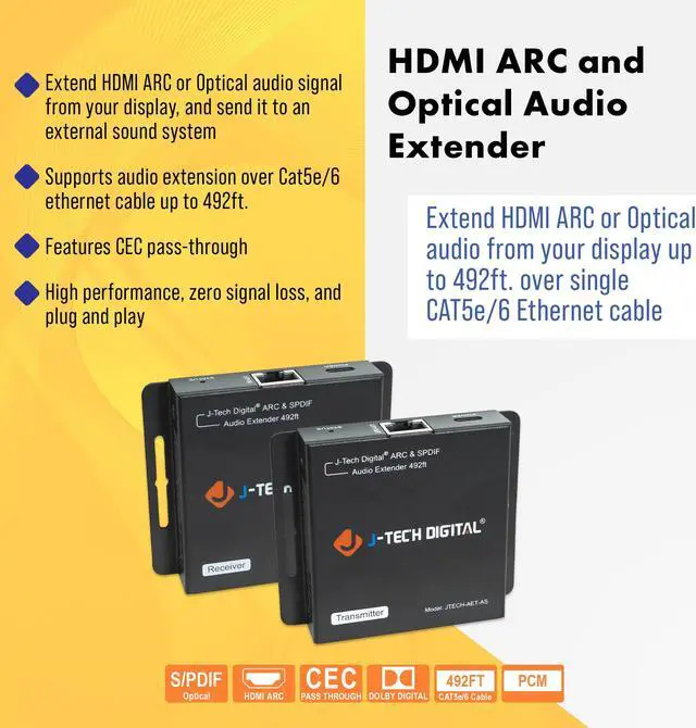 Alt view image 6 of 8 - HDMI ARC & SPDIF Optical Digital Audio Extender Over Single CAT5e/ CAT6 Ethernet Cable Up To 492ft. w/ CEC, Dolby Digital, DTS, PCM by J-Tech Digital [JTECH-AET-AS]