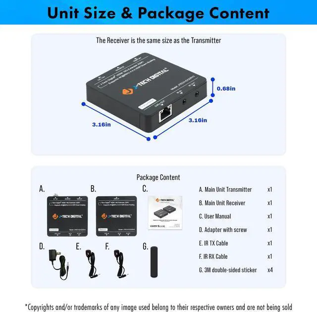 Alt view image 7 of 7 - HDMI Extender 4K 60Hz Over Cat5e/6 Ethernet Cable Up To 230ft. Supports 4K Downscale HDMI Loop Out PoC HDR Bi-Directional IR by J-Tech Digital [JTECH-EX230V2]
