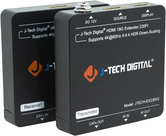 Main image of HDMI Extender 4K 60Hz Over Cat5e/6 Ethernet Cable Up To 230ft. Supports 4K Downscale HDMI Loop Out PoC HDR Bi-Directional IR by J-Tech Digital [JTECH-EX230V2]