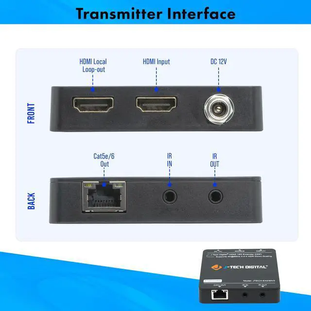 Alt view image 5 of 7 - HDMI Extender 4K 60Hz Over Cat5e/6 Ethernet Cable Up To 230ft. Supports 4K Downscale HDMI Loop Out PoC HDR Bi-Directional IR by J-Tech Digital [JTECH-EX230V2]