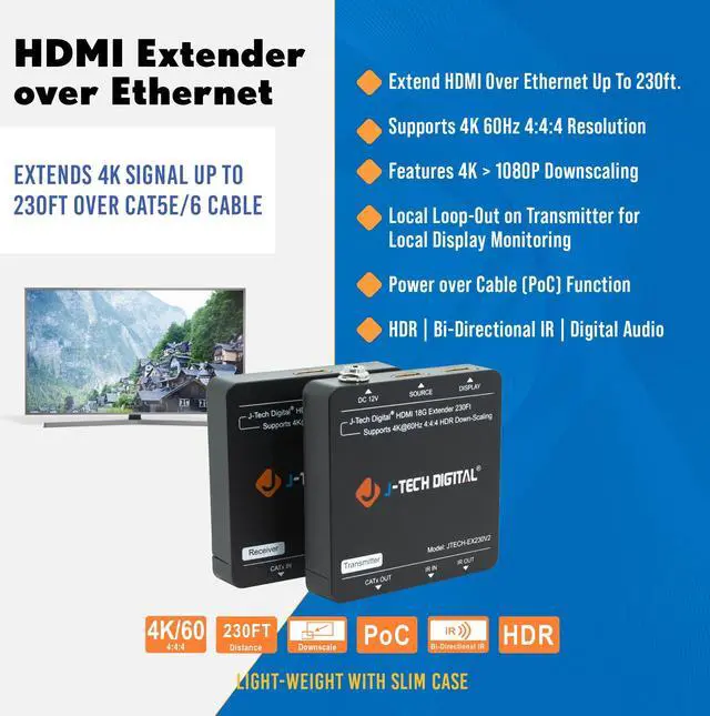Alt view image 2 of 7 - HDMI Extender 4K 60Hz Over Cat5e/6 Ethernet Cable Up To 230ft. Supports 4K Downscale HDMI Loop Out PoC HDR Bi-Directional IR by J-Tech Digital [JTECH-EX230V2]