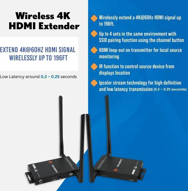 Alt view image 2 of 8 - Wireless HDMI Transmitter and Receiver 4K 60Hz Up To 196ft. w/ Low Latency HDMI Loop Output SSID Pairing Channel Change IR Passthrough by J-Tech Digital [JTECH-WEX4K-50]