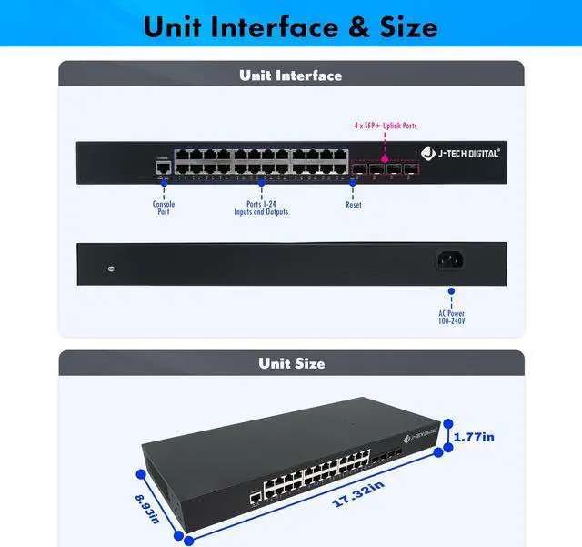 Alt view image 2 of 6 - J-Tech Digital 24 Port Gigabit Ethernet Switch for AV over IP HDMI Extender Matrix Switch Function w/ 4 x SPF+ Ports Web Management Desktop or Rackmount [JTECH-NS24V3]