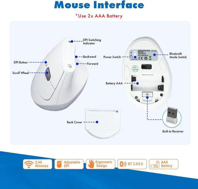 Alt view image 6 of 7 - J-Tech Digital Wireless Mouse, Vertical Ergonomic Mouse with 2.4G Wireless & Bluetooth for 3 Multi-Device Function, Adjustable DPI Modes, Compatible with PC, Mac, Laptop - White
