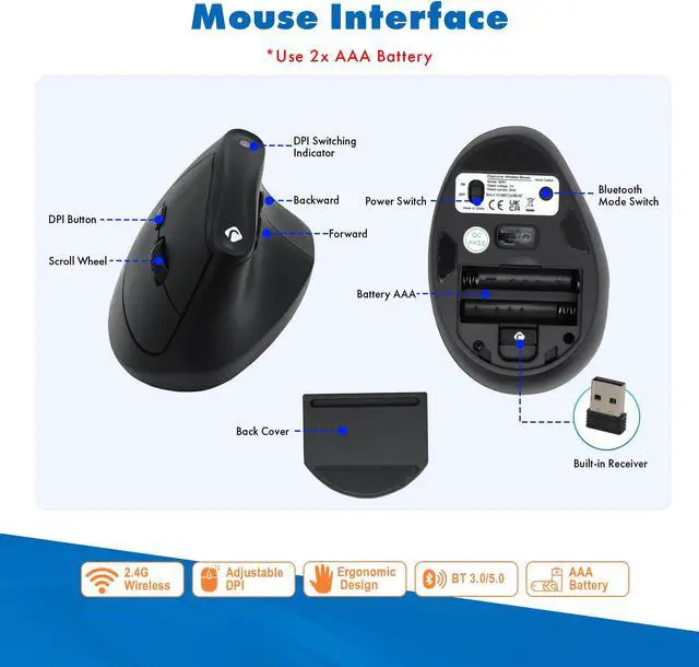 Alt view image 6 of 7 - J-Tech Digital Wireless Mouse, Vertical Ergonomic Mouse with 2.4G Wireless & Bluetooth for 3 Multi-Device Function, Adjustable DPI Modes, Compatible with PC, Mac, Laptop - Black
