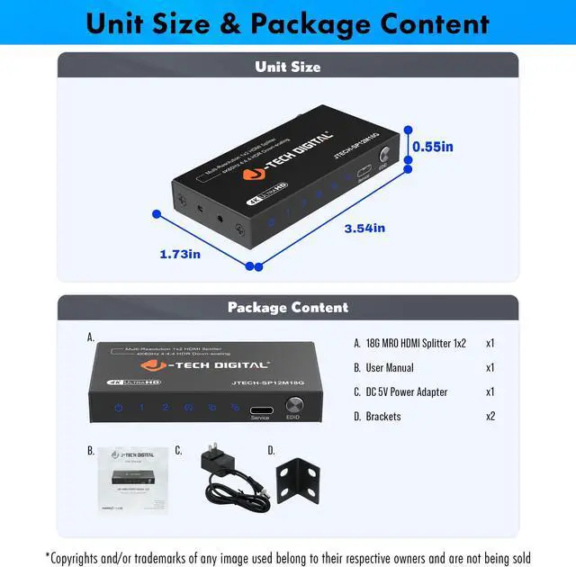 Alt view image 7 of 7 - J-Tech Digital HDMI Splitter 1 In 2 Out 4K@60Hz, 1x2 HDMI Splitter For Duplicate/Mirror Screen 4K To 1080P Downscaling Function 3 EDID Settings (JTECH-SP12M18G)