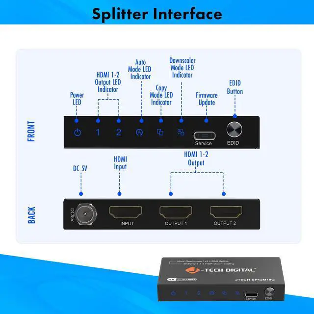 Alt view image 3 of 7 - J-Tech Digital HDMI Splitter 1 In 2 Out 4K@60Hz, 1x2 HDMI Splitter For Duplicate/Mirror Screen 4K To 1080P Downscaling Function 3 EDID Settings (JTECH-SP12M18G)