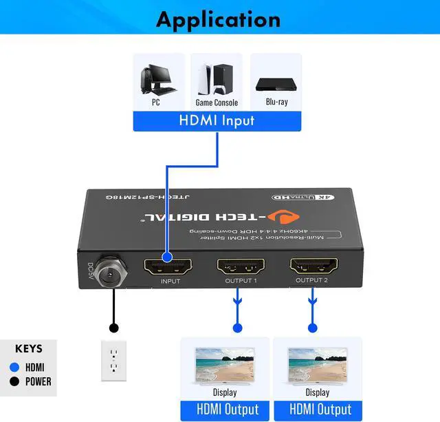 Alt view image 4 of 7 - J-Tech Digital HDMI Splitter 1 In 2 Out 4K@60Hz, 1x2 HDMI Splitter For Duplicate/Mirror Screen 4K To 1080P Downscaling Function 3 EDID Settings (JTECH-SP12M18G)
