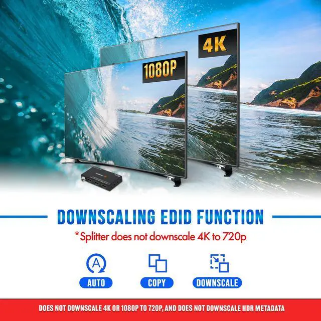 Alt view image 5 of 7 - J-Tech Digital HDMI Splitter 1 In 2 Out 4K@60Hz, 1x2 HDMI Splitter For Duplicate/Mirror Screen 4K To 1080P Downscaling Function 3 EDID Settings (JTECH-SP12M18G)