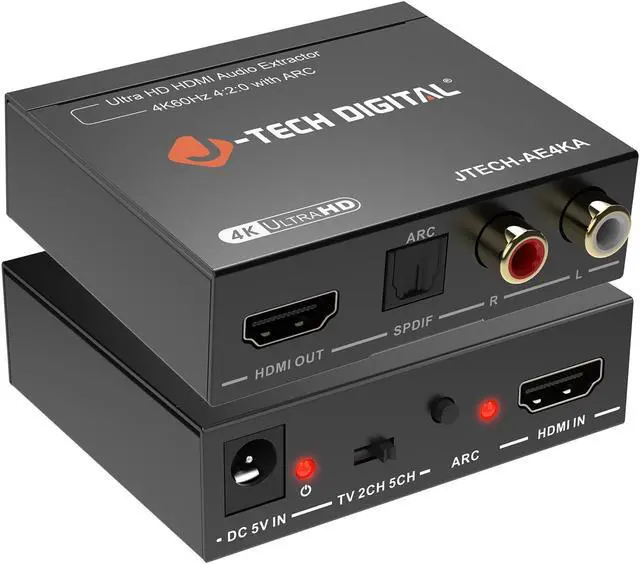 Main image of J-Tech Digital HDMI Audio Extractor 4K 60Hz HDMI to RCA Optical, HDMI ARC Audio Extractor Compatible with Dolby Digital DTS Stereo for Laptop Blu-Ray Gaming Consoles (JTECH-AE4KA)