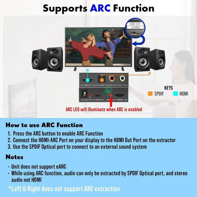 Alt view image 3 of 7 - J-Tech Digital HDMI Audio Extractor 4K 60Hz HDMI to RCA Optical, HDMI ARC Audio Extractor Compatible with Dolby Digital DTS Stereo for Laptop Blu-Ray Gaming Consoles (JTECH-AE4KA)