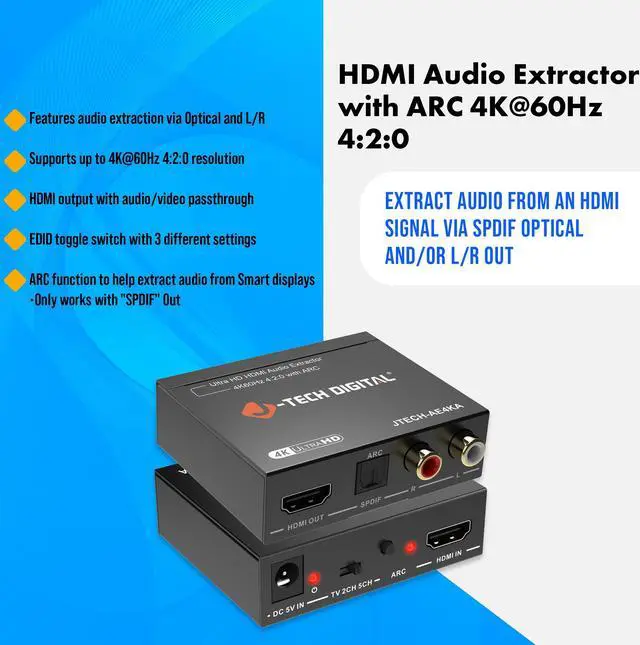 Alt view image 5 of 7 - J-Tech Digital HDMI Audio Extractor 4K 60Hz HDMI to RCA Optical, HDMI ARC Audio Extractor Compatible with Dolby Digital DTS Stereo for Laptop Blu-Ray Gaming Consoles (JTECH-AE4KA)