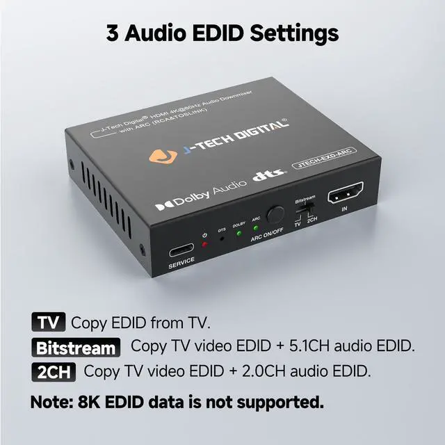 Alt view image 6 of 7 - J-Tech Digital HDMI Audio Extractor 4K 60Hz with HDMI-ARC & Audio Downmix, HDMI to Optical & RCA Converter, HDCP 2.2 DTS Digital 5.1 PCM (JTECH-EXD-ARC)