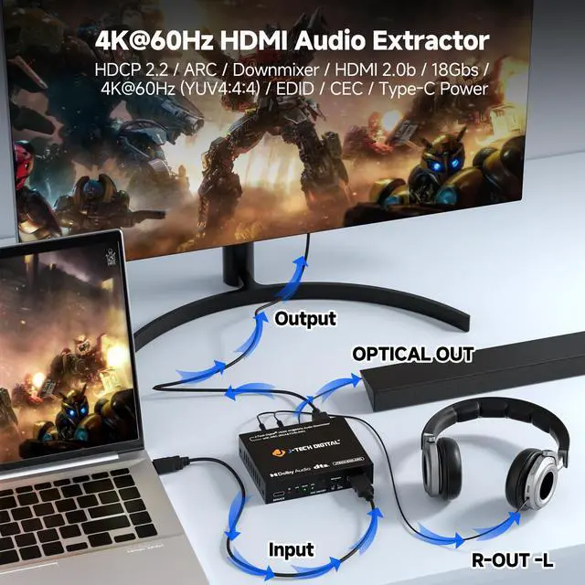 Alt view image 2 of 7 - J-Tech Digital HDMI Audio Extractor 4K 60Hz with HDMI-ARC & Audio Downmix, HDMI to Optical & RCA Converter, HDCP 2.2 DTS Digital 5.1 PCM (JTECH-EXD-ARC)