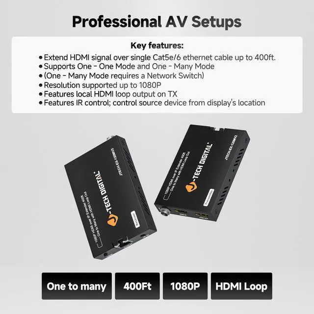 Alt view image 7 of 7 - J-Tech Digital HDMI Extender over Single Cat5e/6/7 1080P 60Hz Up to 400ft, Supports AV over IP HDMI Extender HDMI Loop Out IR Control  Receiver Only (JTECH-EX-120MV2R)