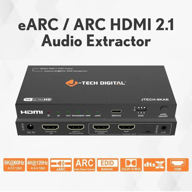 Alt view image 2 of 7 - J-Tech Digital 8K HDMI Audio Extractor with eARC ARC 8K 60Hz 4K 120Hz, HDMI to Optical L/R Converter Adapter, HDCP 2.3 HDR CEC EDID [JTECH-8KAE]