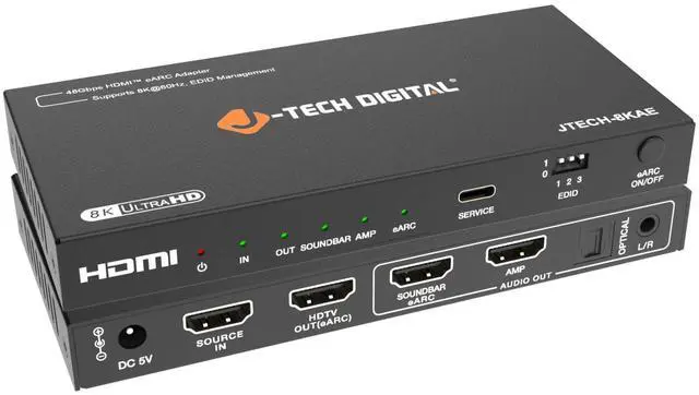 Main image of J-Tech Digital 8K HDMI Audio Extractor with eARC ARC 8K 60Hz 4K 120Hz, HDMI to Optical L/R Converter Adapter, HDCP 2.3 HDR CEC EDID [JTECH-8KAE]